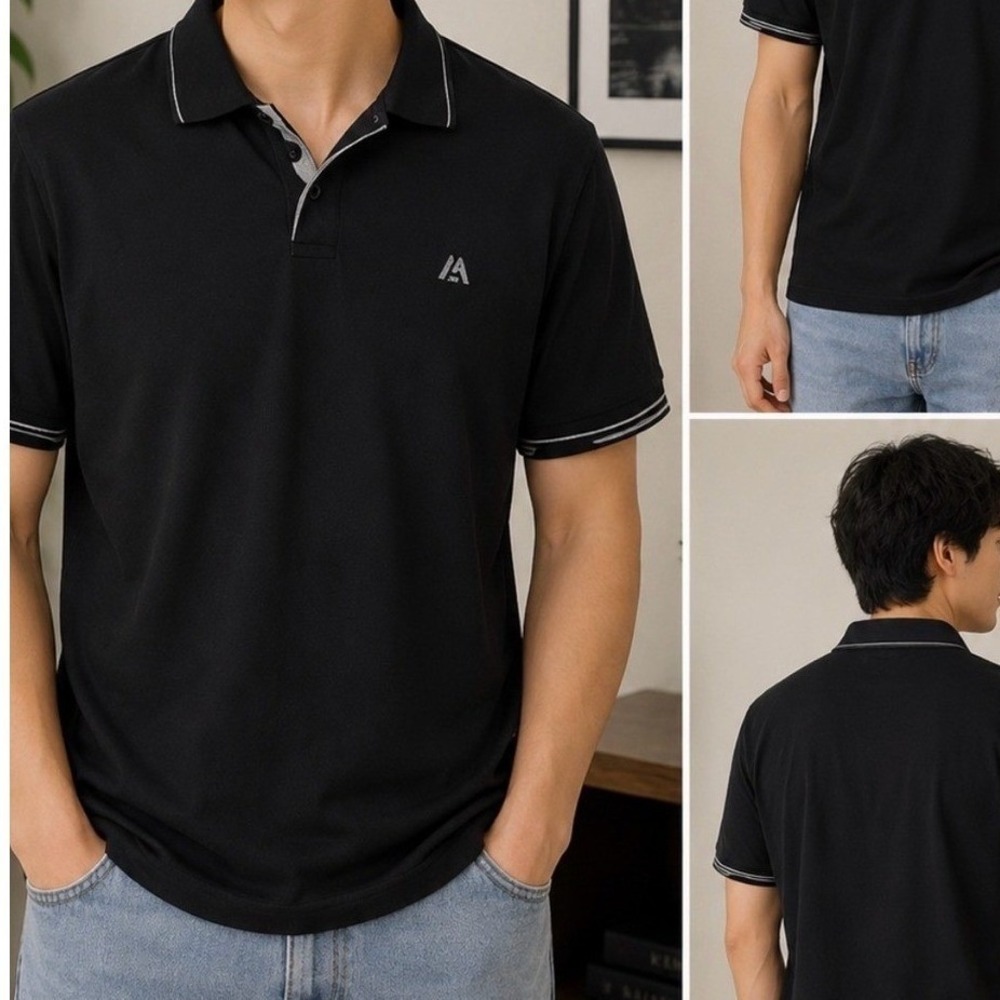 Marc Asher Polo Shirt Men Medium Black Mercerized Cotton Tipped Trim